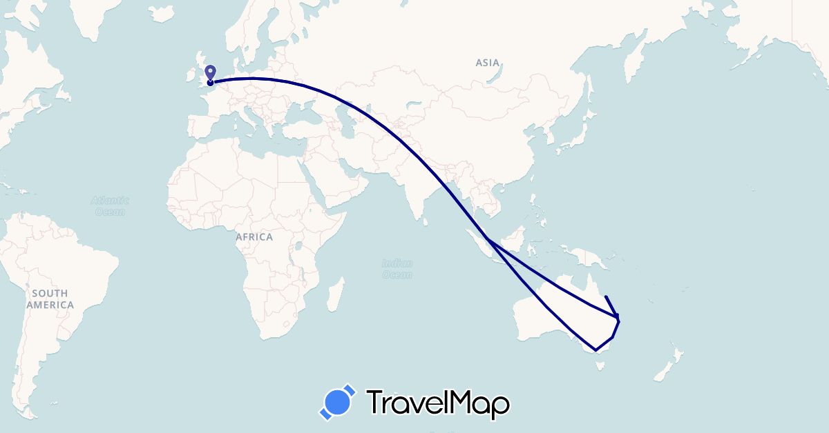 TravelMap itinerary: driving in Australia, United Kingdom, Singapore (Asia, Europe, Oceania)